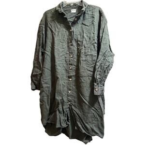 Matona Organic Goods Dark Green Wooden Button Shirt Dress - Large - 100% Linen